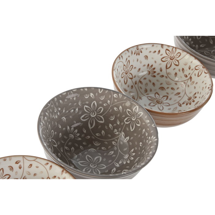 DKD Home Decor Set de 4 Cuencos de Porcelana Flores Beige y Marrón