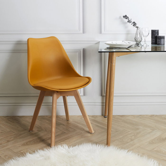 Home Deco Factory Silla COPENHAGUE Amarilla Diseño Escandinavo Charles Eames Patas Madera Haya Asiento Acolchado 49x58x81.5 cm