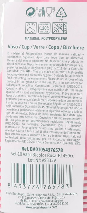 Algon Set 10 Vasos Bicolor Rosa-Blanco 450cc (18 Unidades)