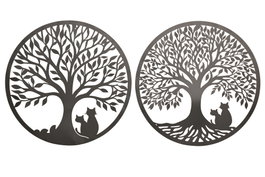 DKD Home Decor Decoración de Pared Metal Árbol Gato Negro