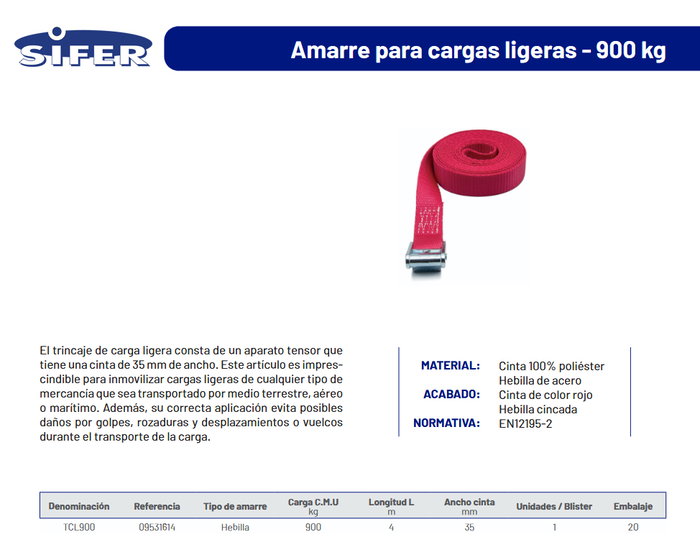 SIFER Trinquete Amarre Cinta Hebilla 900 kg 35mm x 4m