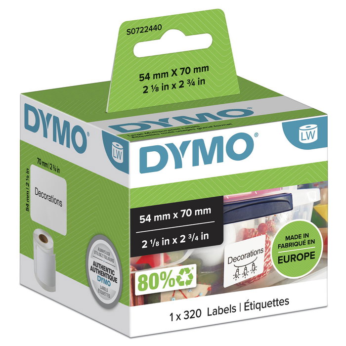 Dymo Etiquetas LabelWriter 54 x 70 mm, 320 unidades, Blanco Dymo Etiquetas LabelWriter 54 x 70 mm, 320 unidades, Blanco