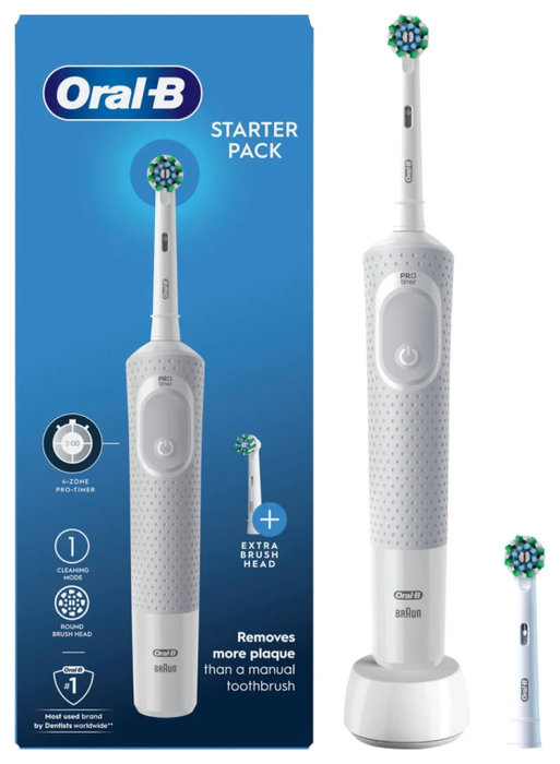 Oral-B Cepillo Eléctrico Oscilante Oral-B Vitality 100 Starter Pack Adulto 2 Cabezales Blanco Gris Tecnología 2D Temporizador 2 Min