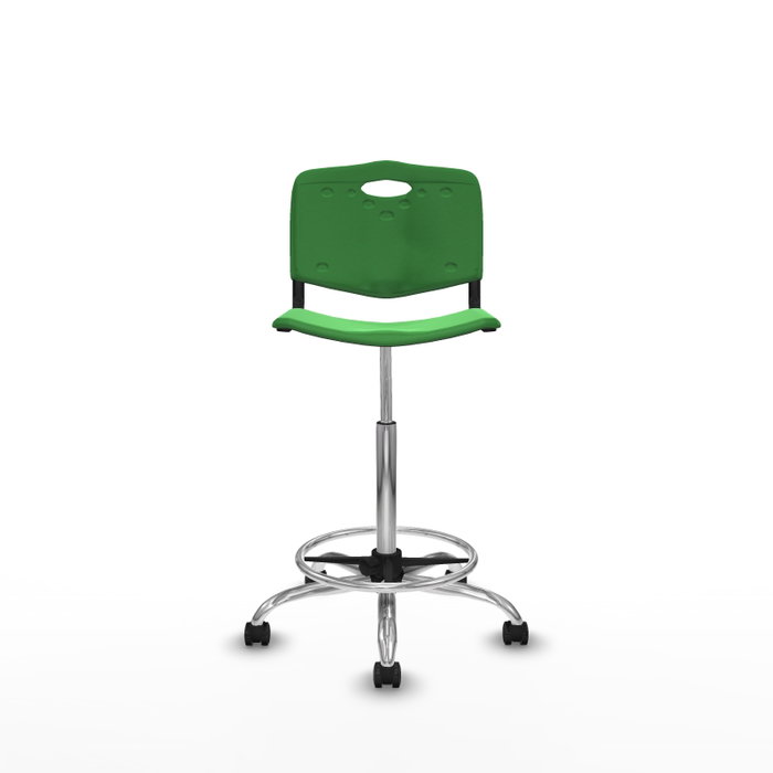 Taburete Robledo con mecanismo Giratorio de PVC color Verde. Equipado con Base cromada, Sin brazos y Ruedas de parqué
