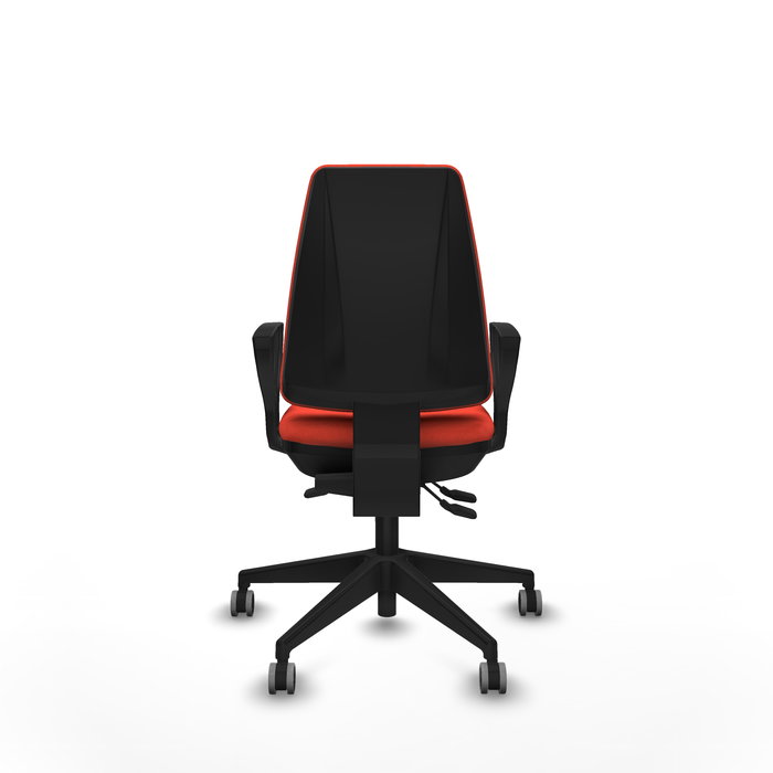 Silla de oficina Elche con mecanismo Asincro tapizada con Tela color Naranja oscuro. Equipada con Base piramidal negra, Brazos fijos y Ruedas 65 mm parqué