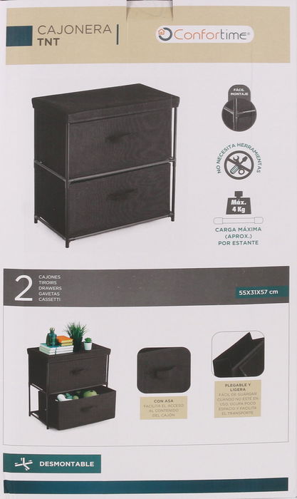 Confortime Cajonera TNT con 2 Cajones, Mueble de Almacenaje, 55 x 30 x 50 cm, Estructura de Tubo 13 mm (4 Unidades)
