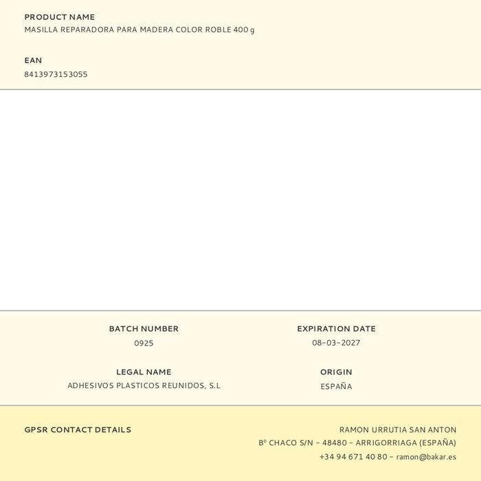 Bakar Masilla Reparadora para Madera Color Roble 400 g Bakar Masilla Reparadora para Madera Color Roble 400 g