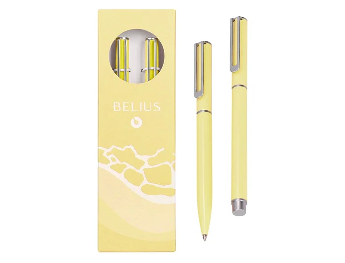 Belius Endless Summer Juego Boligrafo y Roller, Aluminio Amarillo y Plateado, Tinta Azul, Caja de Diseño