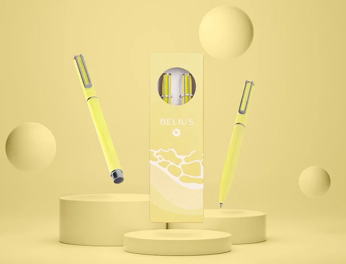 Belius Endless Summer Juego Boligrafo y Roller, Aluminio Amarillo y Plateado, Tinta Azul, Caja de Diseño