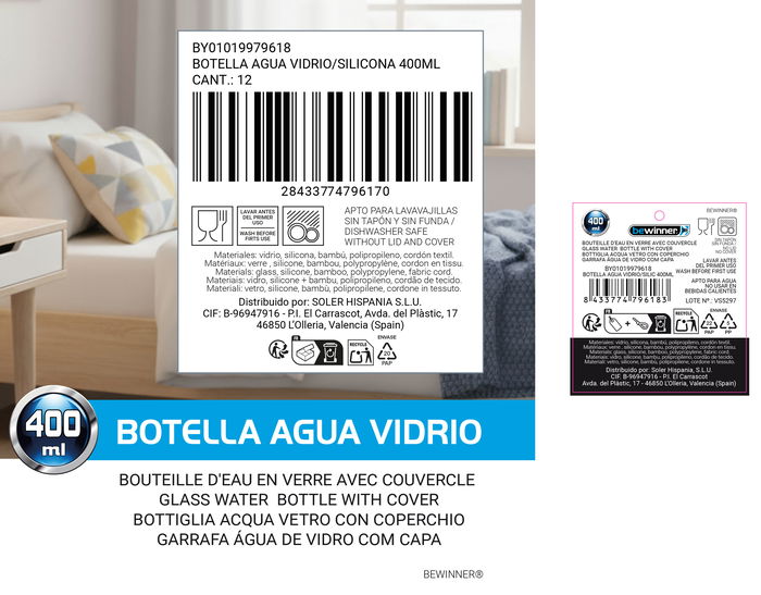 Bewinner Botella de Agua de Vidrio y Silicona 400 ml con Dimensiones 6x6x20 cm (24 Unidades)