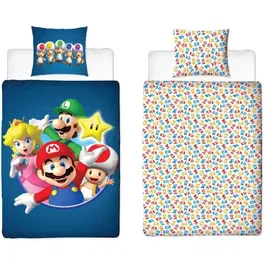 Mario Bros Juego de cama reversible AABFA32170 - Mario y sus amigos - Microfibra - 1 funda nórdica 140 x 200 cm + 1 funda de almohada 63 x 63 cm
