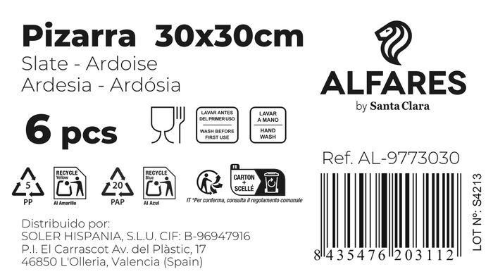 Santa Clara Bandeja Pizarra 30 cm x 30 cm "Alfares" (12 Unidades)