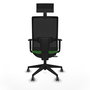 Silla de oficina Horna con mecanismo Sincro/Traslack tapizada con Tela color Verde y malla color Negro. Equipada con lumbar 1D, Brazos 1D, Cabecero Fijo y Ruedas 65 mm parqué