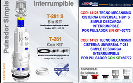 TECNO Mecanismo de descarga simple universal T281S para cisterna WC baja