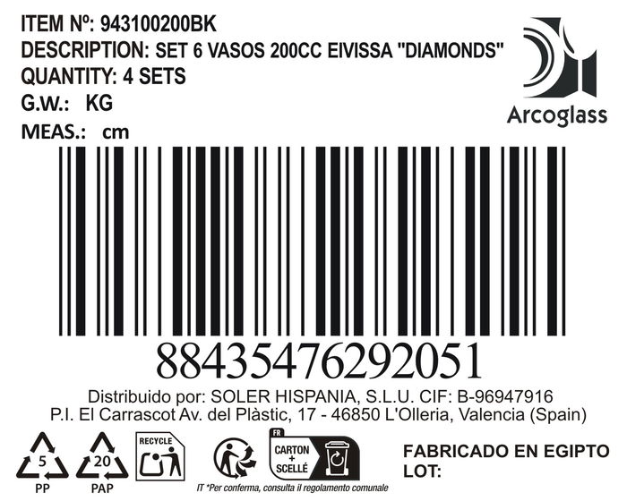 La Mediterranea Set 6 Vasos Eivissa "Diamonds" 200cc (8 Cajas)