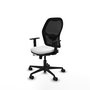 Silla de oficina Jorquera con mecanismo Sincro/Traslack tapizada con Tela color Blanco y malla color Negro. Equipada con lumbar 1D, Brazos 1D y Ruedas 65mm nailon