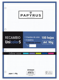 Recambio Papyrus Unicolor5 A4 100H 90G 4 Taladros Cuad.5X5 Colores Vivos (Set de 24)