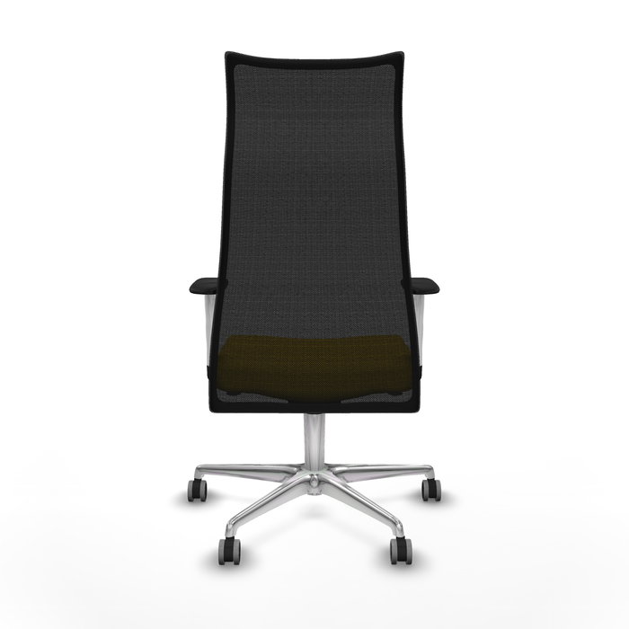 Sillón Albacete con mecanismo Sincro tapizada con Tela color Amarillo y malla color Negro. Equipado con Base aluminio, Brazos 1D y Ruedas 65 mm parqué