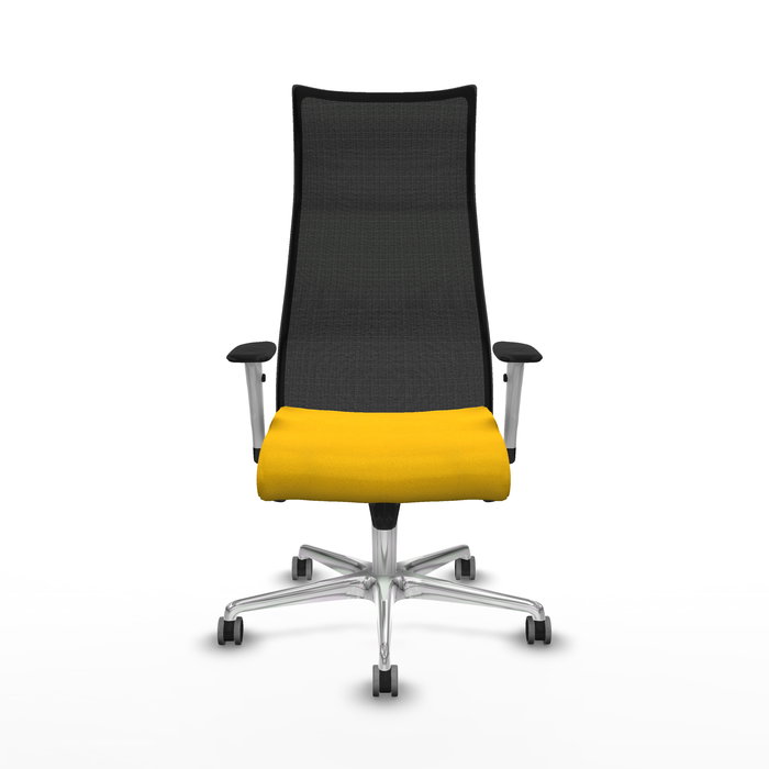 Sillón Albacete con mecanismo Sincro tapizada con Tela color Amarillo y malla color Negro. Equipado con Base aluminio, Brazos 1D y Ruedas 65 mm parqué