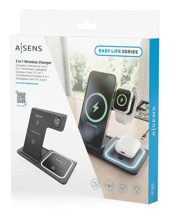 Aisens Cargador Inalámbrico 3 en 1 de 15W USB-C Negro