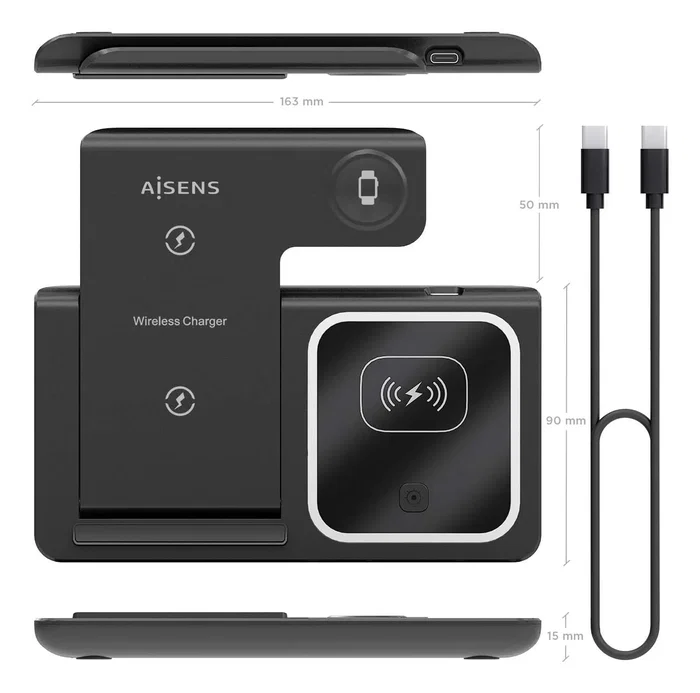 Aisens Cargador Inalámbrico 3 en 1 de 15W USB-C Negro