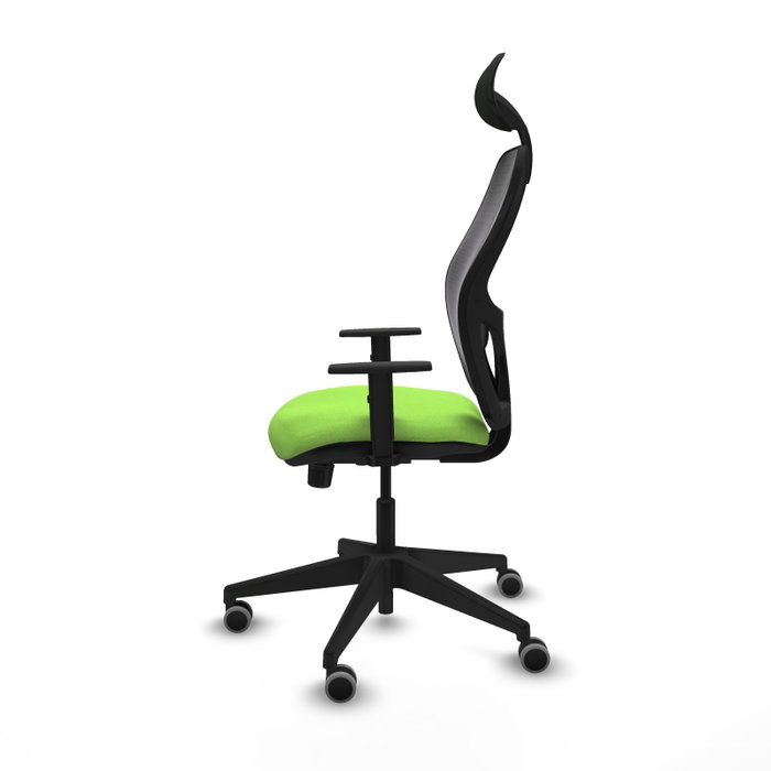 Silla de oficina Alocén con mecanismo Sincro tapizada con Tela color Pistacho y malla color Negro. Equipada con lumbar 1D, Brazos 1D, Cabecero Fijo y Ruedas 65 mm parqué