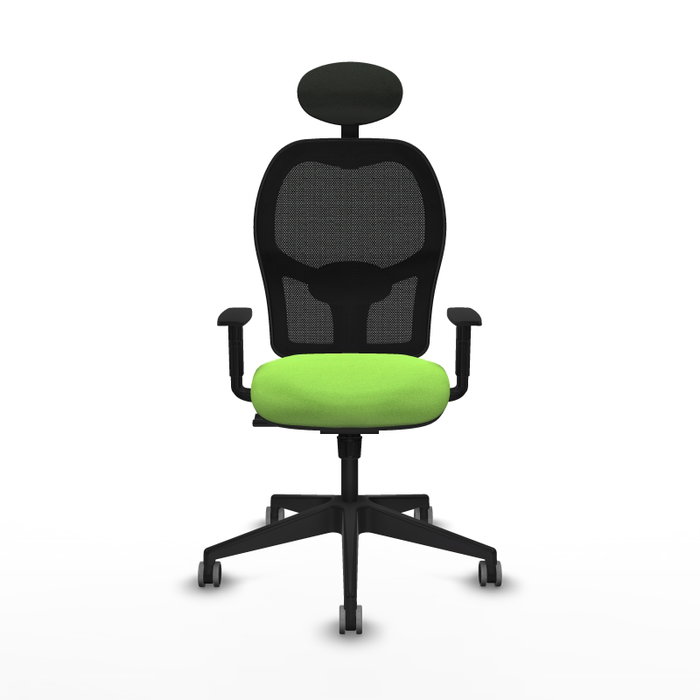 Silla de oficina Alocén con mecanismo Sincro tapizada con Tela color Pistacho y malla color Negro. Equipada con lumbar 1D, Brazos 1D, Cabecero Fijo y Ruedas 65 mm parqué