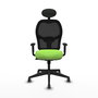 Silla de oficina Alocén con mecanismo Sincro tapizada con Tela color Pistacho y malla color Negro. Equipada con lumbar 1D, Brazos 1D, Cabecero Fijo y Ruedas 65 mm parqué