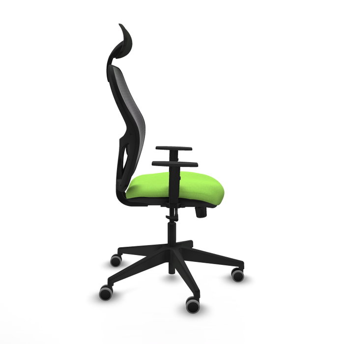 Silla de oficina Alocén con mecanismo Sincro tapizada con Tela color Pistacho y malla color Negro. Equipada con lumbar 1D, Brazos 1D, Cabecero Fijo y Ruedas 65 mm parqué