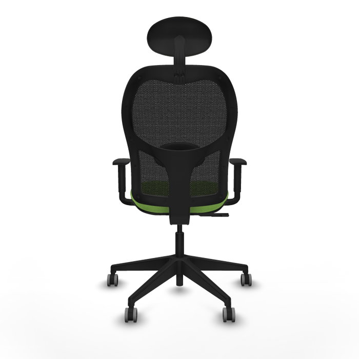 Silla de oficina Alocén con mecanismo Sincro tapizada con Tela color Pistacho y malla color Negro. Equipada con lumbar 1D, Brazos 1D, Cabecero Fijo y Ruedas 65 mm parqué