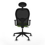 Silla de oficina Alocén con mecanismo Sincro tapizada con Tela color Pistacho y malla color Negro. Equipada con lumbar 1D, Brazos 1D, Cabecero Fijo y Ruedas 65 mm parqué
