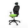 Silla de oficina Alocén con mecanismo Sincro tapizada con Tela color Pistacho y malla color Negro. Equipada con lumbar 1D, Brazos 1D, Cabecero Fijo y Ruedas 65 mm parqué