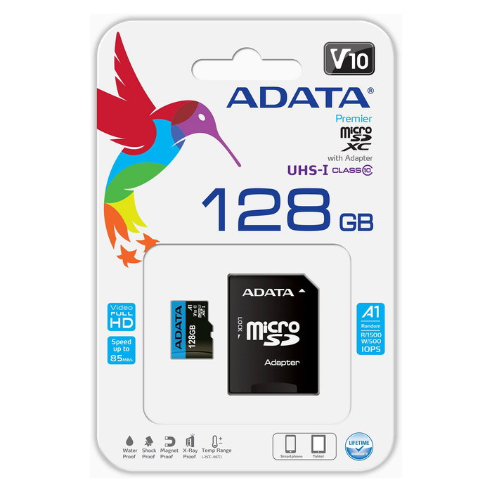 ADATA Tarjeta de memoria Premier MicroSDXC 128GB UHS-I Clase 10 V10 A1, 100MB/s lectura, 25MB/s escritura, resistente, con adaptador SD