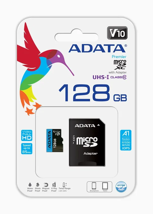 Adata Premier 128 GB MicroSDXC UHS-I Clase 10 Tarjeta de Memoria, hasta 85 MB/s Lectura, Resistente a Golpes, Agua y Anti-estática Adata Premier 128 GB MicroSDXC UHS-I Clase 10 Tarjeta de Memoria, hasta 85 MB/s Lectura, Resistente a Golpes, Agua y Anti-estática