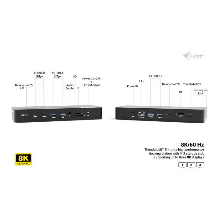 I-Tec TB5 Triple Display Docking Station 2xTB5 1xDP 1x2.5GLAN 1xM.2 6xUSB SD+TF Lector PD 140W 8K Negro