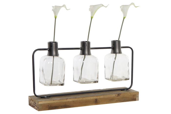 DKD Home Decor Set de 3 Jarrones de Cristal, Metal y Paulownia Negro/Natural