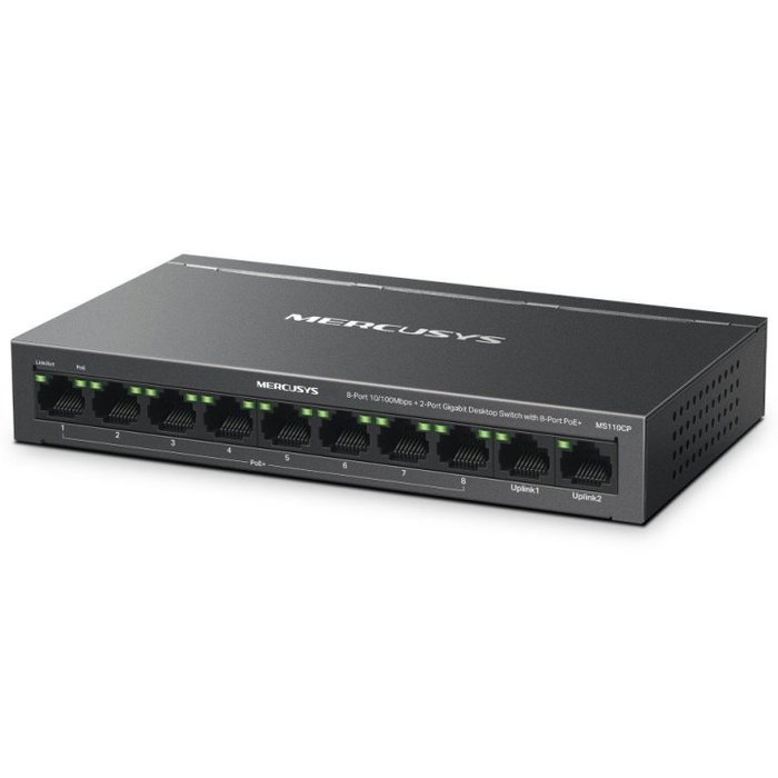 Mercusys MS110CP Switch PoE+ de 10 Puertos Fast Ethernet (10/100) con Montaje en Pared, Negro