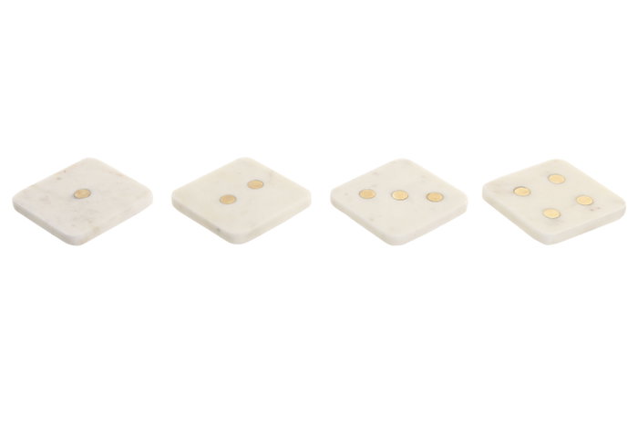 DKD Home Decor Set de 4 Posavasos Mármol y Latón Blanco y Dorado Dados 10x10x5 cm DKD Home Decor Set de 4 Posavasos Mármol y Latón Blanco y Dorado Dados 10x10x5 cm