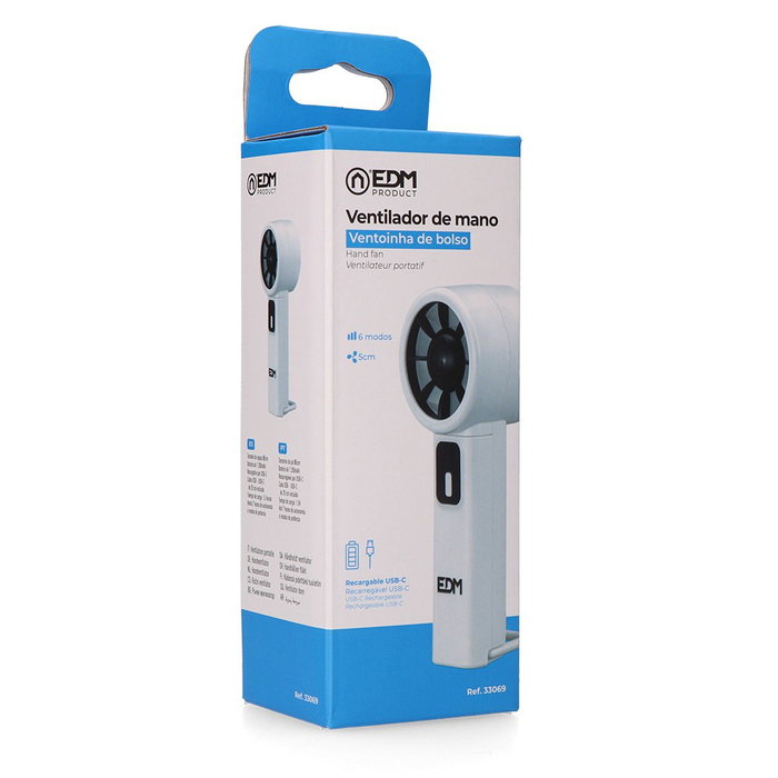 EDM Ventilador de Mano Digital Recargable, 6 Velocidades Regulables, Pantalla Digital, USB-C, Batería 1200 mAh, 7h Autonomía, con Gancho/Base Plegable, Aspa Ø5 cm, 6 x 2.9 x 18.5 cm
