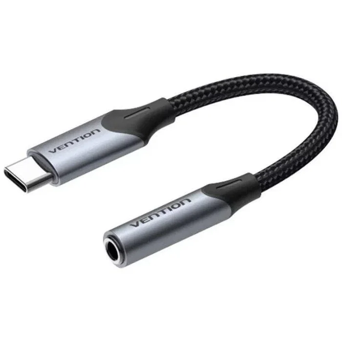 Vention BGJHA Adaptador USB-C a Jack 3.5 mm, Conector USB-C Macho a 3.5 mm Hembra, Cable 10 cm, Color Gris Aluminio