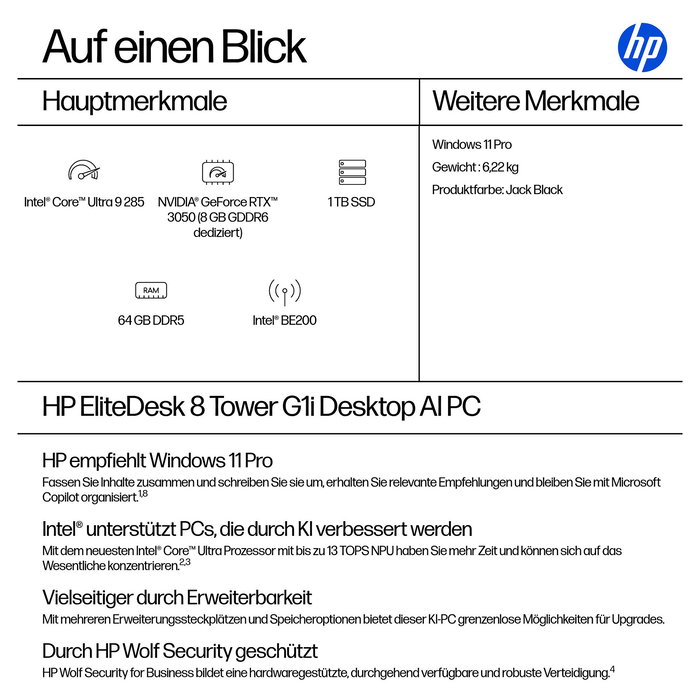 HP ELITEDESK 8 TWR G1I CU9-285/64GB/1TBSSD/RTX3050/W11Pro WLAN