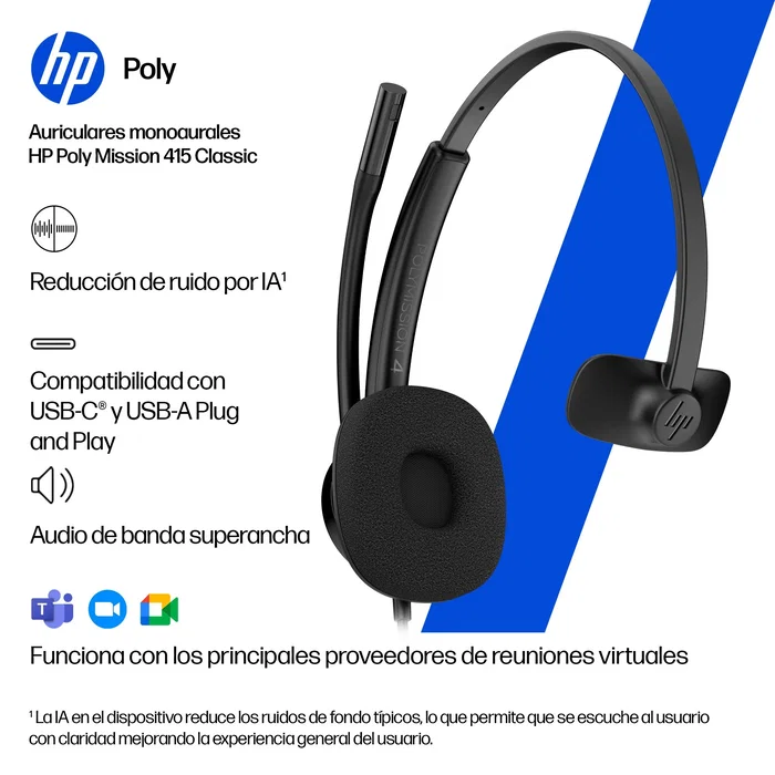 HP Poly Mission 425 Stereo USB Wired Headset Classic (Bulk) Negro