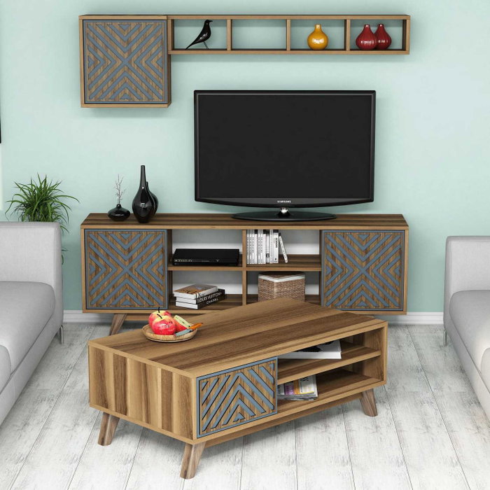 Hanah Home Conjunto Muebles Salón Chevron Nogal y Azul Tablero Partículas Melamina