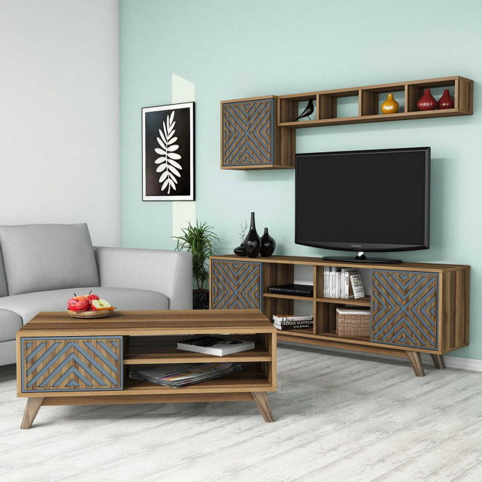 Hanah Home Conjunto Muebles Salón Chevron Nogal y Azul Tablero Partículas Melamina