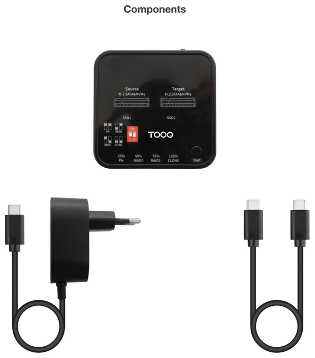 Tooq Docking Station Dual SSD M.2 NVMe/SATA USB-C 3.2 Gen2 TQDS-201B Negro