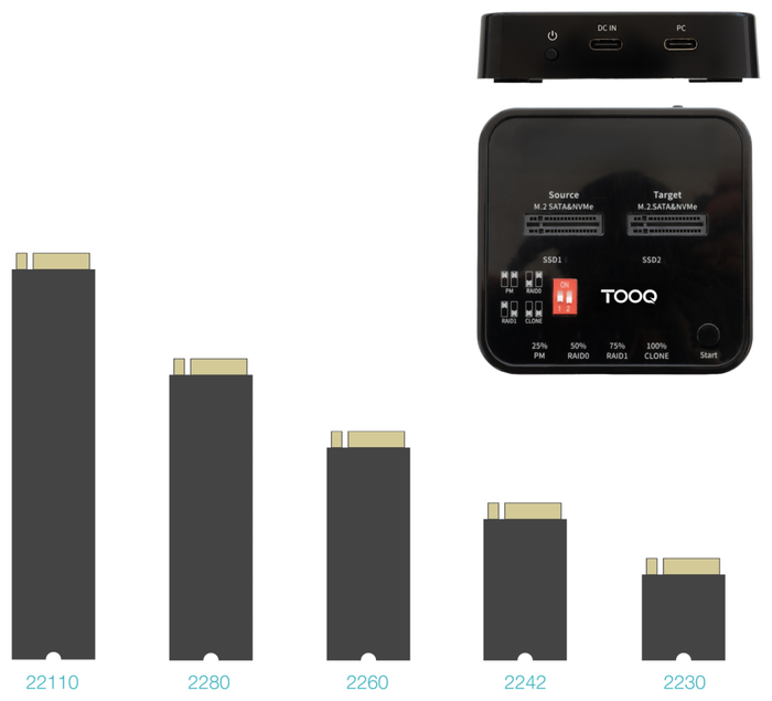 Tooq Docking Station Dual SSD M.2 NVMe/SATA USB-C 3.2 Gen2 TQDS-201B Negro