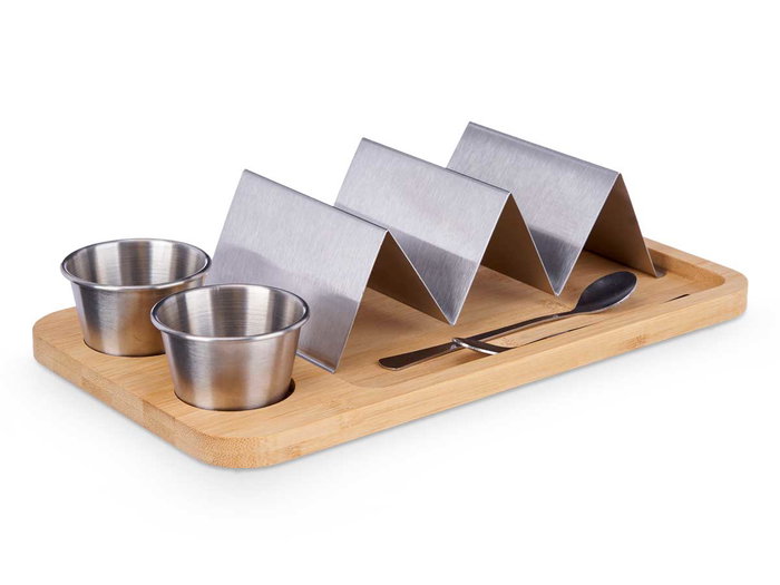 Kinvara Soporte para Tacos con Bol para Salsa en Bambú y Metal Kinvara Soporte para Tacos con Bol para Salsa en Bambú y Metal