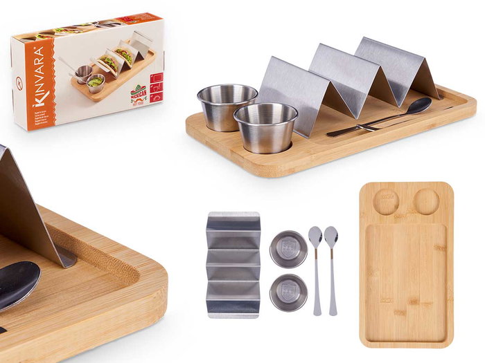 Kinvara Soporte para Tacos con Bol para Salsa en Bambú y Metal Kinvara Soporte para Tacos con Bol para Salsa en Bambú y Metal