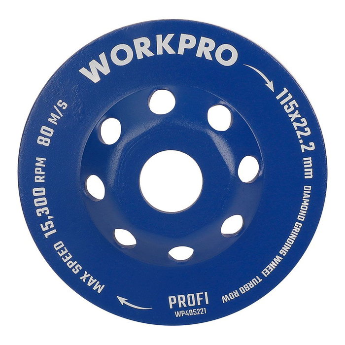 Workpro Profi Muela Copa Diamantada Turbo Ø115 x 22.2 mm para Pulido Rápido de Hormigón y Piedra, Dientes Finos Prensados en Frío, Máx. 13300 RPM