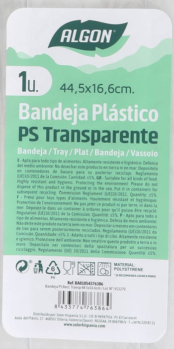 Algon - Bandeja de Presentación Rectangular Transparente, para Charcutería o Aperitivos, 44.5 cm de Largo x 16.6 cm de Ancho (24 Unidades)